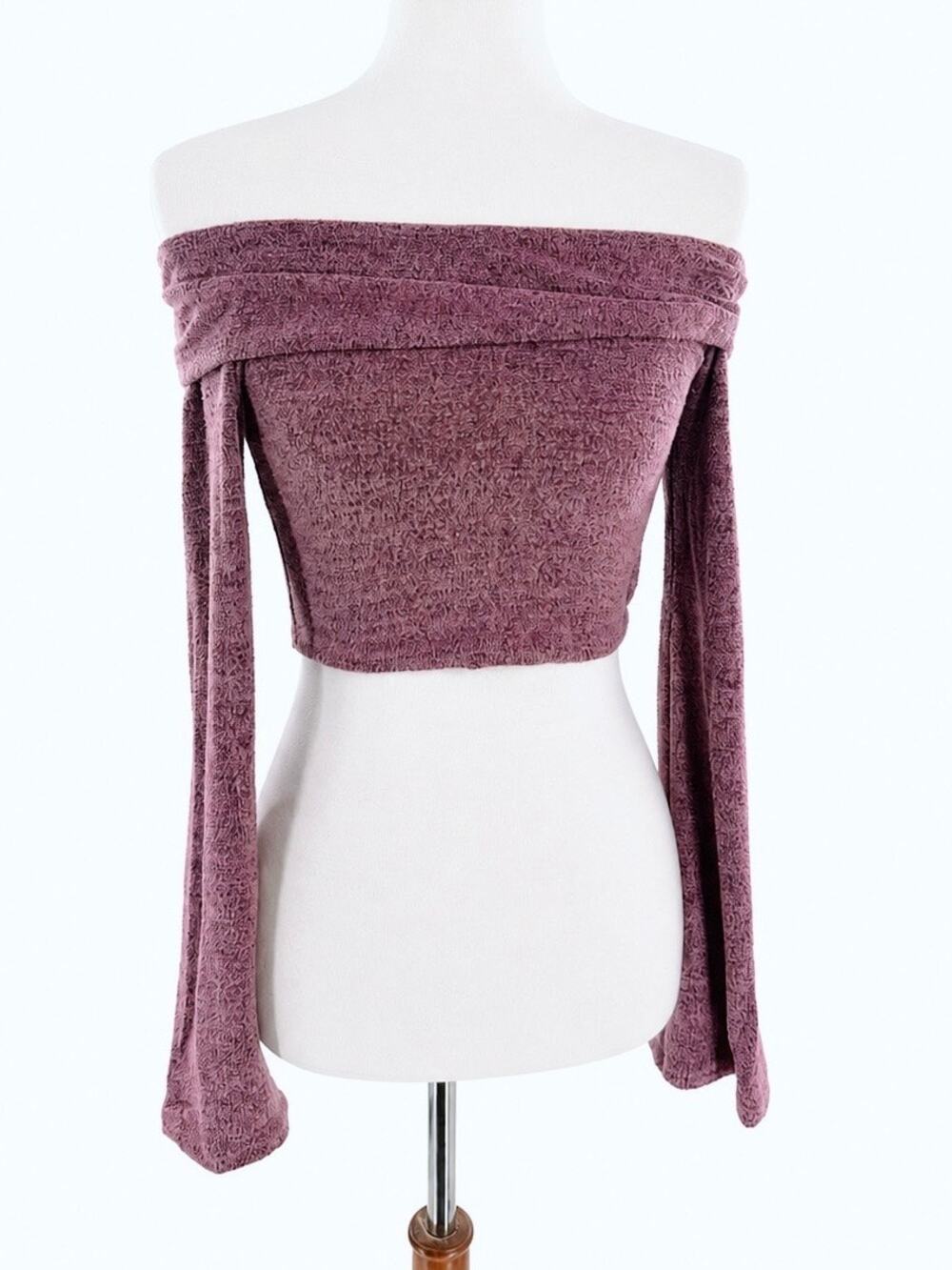 Women’s Mauve Purple Off Shoulder Long Sleeve Crop Top XS Textured Knit